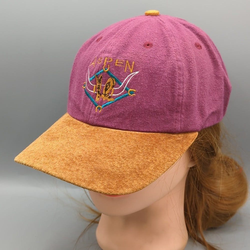 Vintage Aspen L'Equipe Hat Magenta Suede Leather Brim Cap Ski Country Colorado